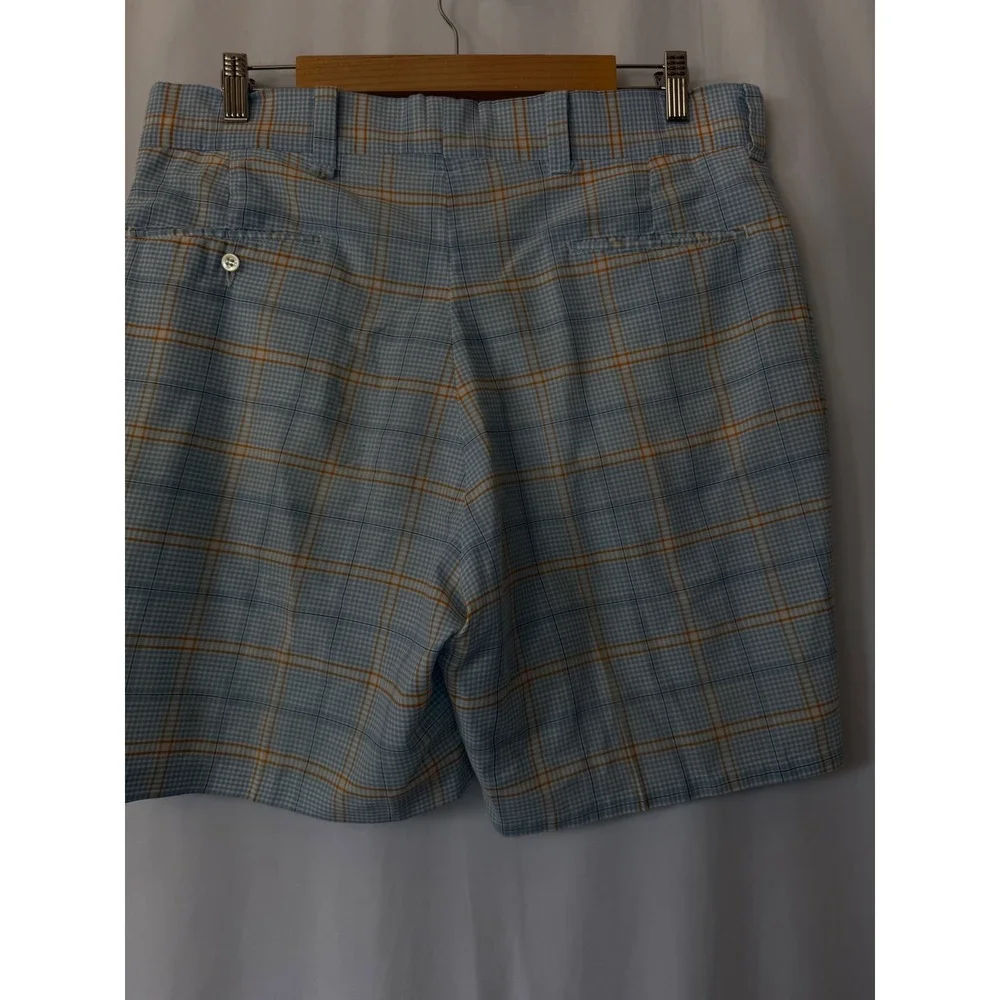 Vintage Permanent Press Plaid Shorts Mens 35 Blue Orange Check Retro Golf 70s